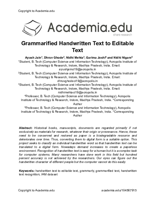 (PDF) Grammarified Handwritten Text to Editable Text