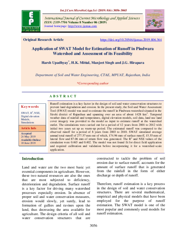 (PDF) Application of SWAT Model for Estimation of Runoff in Pindwara ...