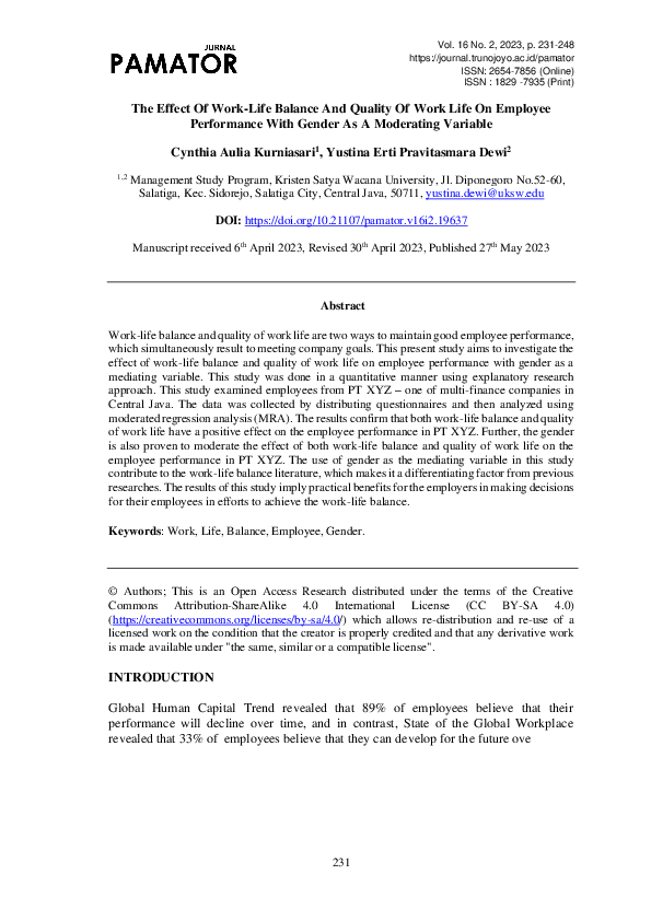 (PDF) The Effect Of Work-Life Balance And Quality Of Work Life On ...