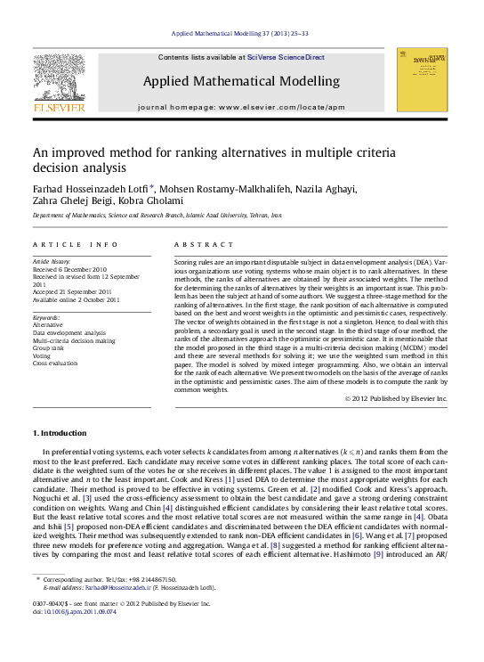 (PDF) An improved method for ranking alternatives in multiple criteria ...