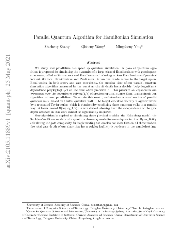 (PDF) Parallel Quantum Algorithm for Hamiltonian Simulation