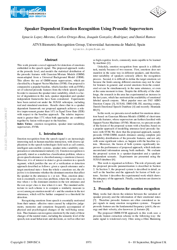 (PDF) Speaker dependent emotion recognition using prosodic supervectors