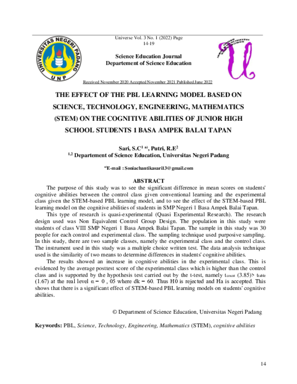 (PDF) The Effect of the PBL Learning Model Based on Science, Technology ...