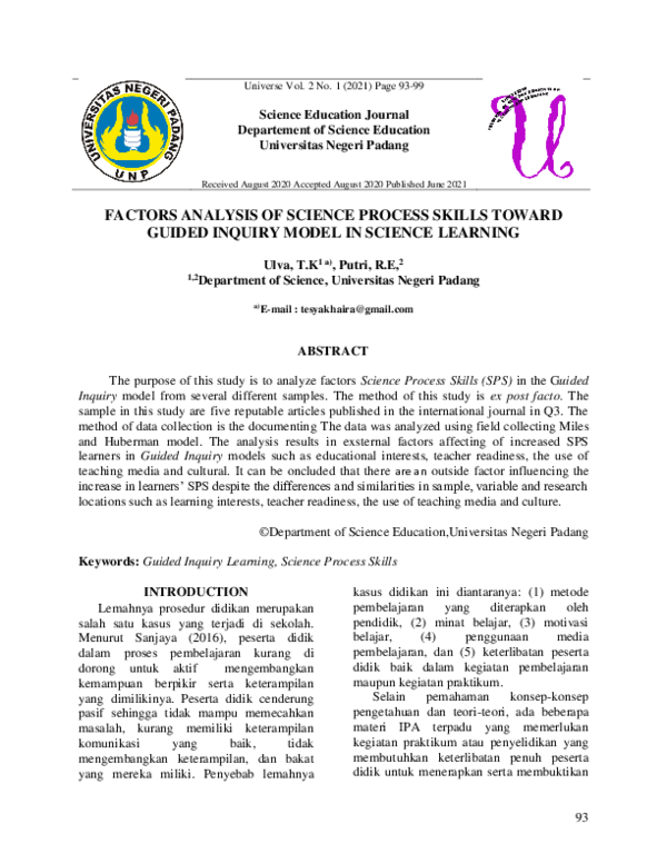 (PDF) The FACTORS ANALYSIS OF SCIENCE PROCESS SKILLS TOWARD GUIDED ...