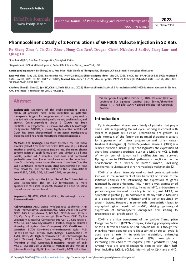 (PDF) Pharmacokinetic Study of 2 Formulations of GFH009 Maleate ...