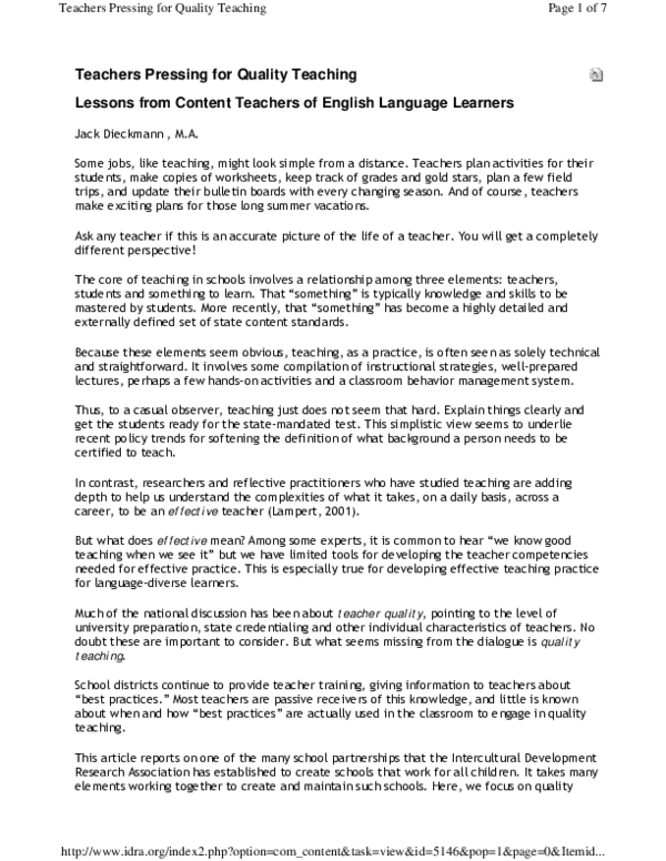 (PDF) Teachers Pressing for Quality Teaching: Lessons from Content ...