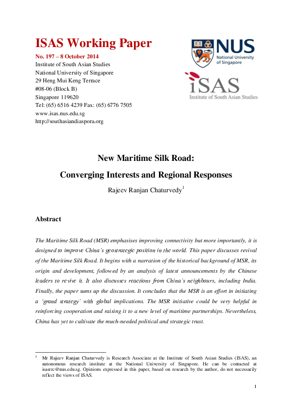 (PDF) New Maritime Silk Road: Converging Interests and Regional Responses