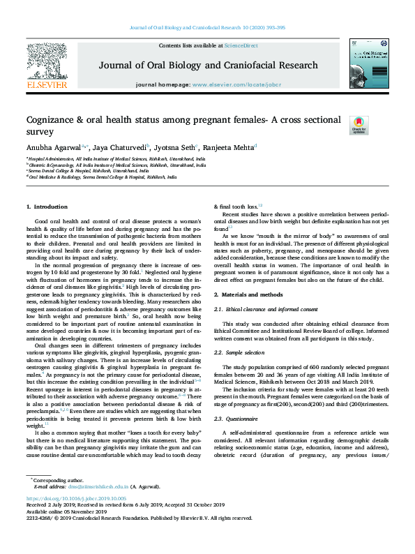 (PDF) Cognizance & oral health status among pregnant females- A cross ...