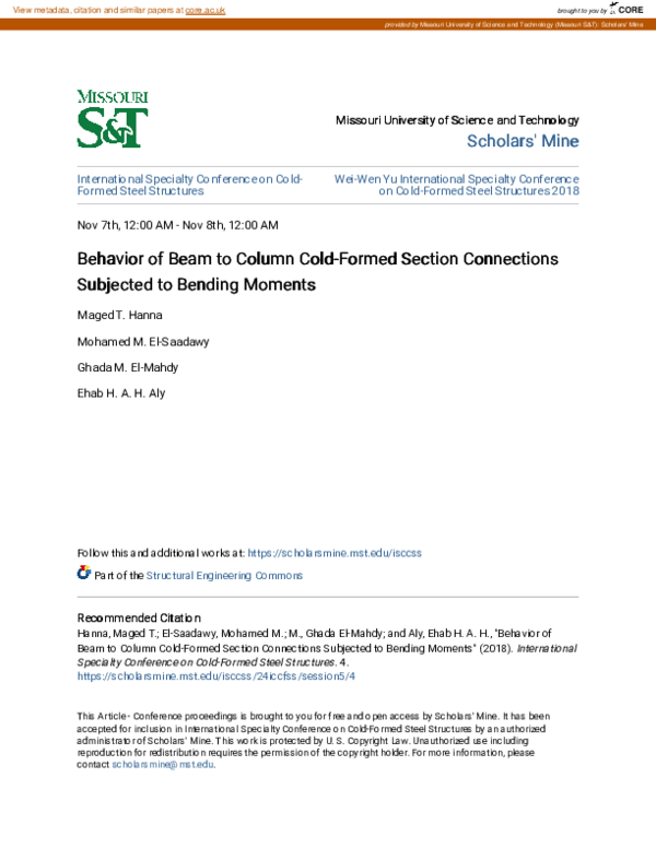 (PDF) Behavior of Beam to Column Cold-Formed Section Connections ...