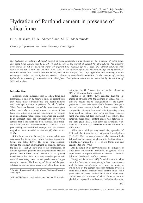 (PDF) Hydration of Portland cement in presence of silica fume