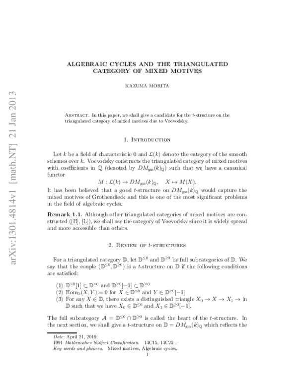(PDF) Algebraic cycles and the triangulated category of mixed motives