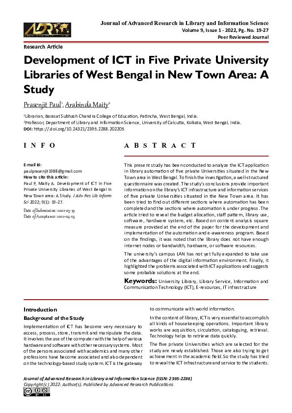 (PDF) Development of ICT in Five Private University Libraries of West ...