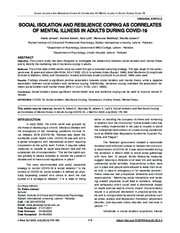 (PDF) Social Isolation and Resilience Coping as Correlates of Mental ...