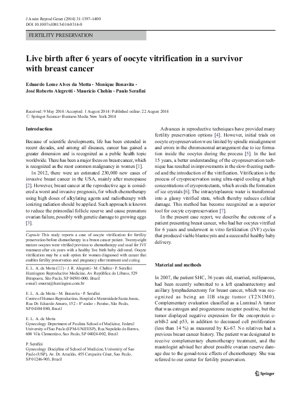(PDF) Live birth after 6 years of oocyte vitrification in a survivor ...