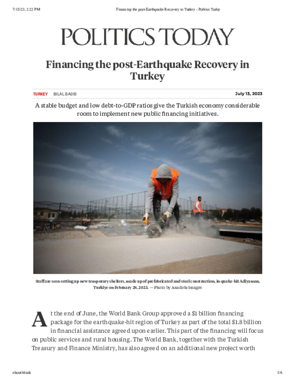 (PDF) Financing the post-Earthquake Recovery in Turkey