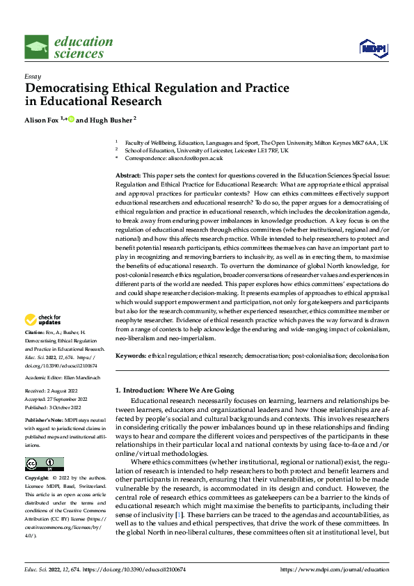 (PDF) Democratising Ethical Regulation and Practice in Educational Research
