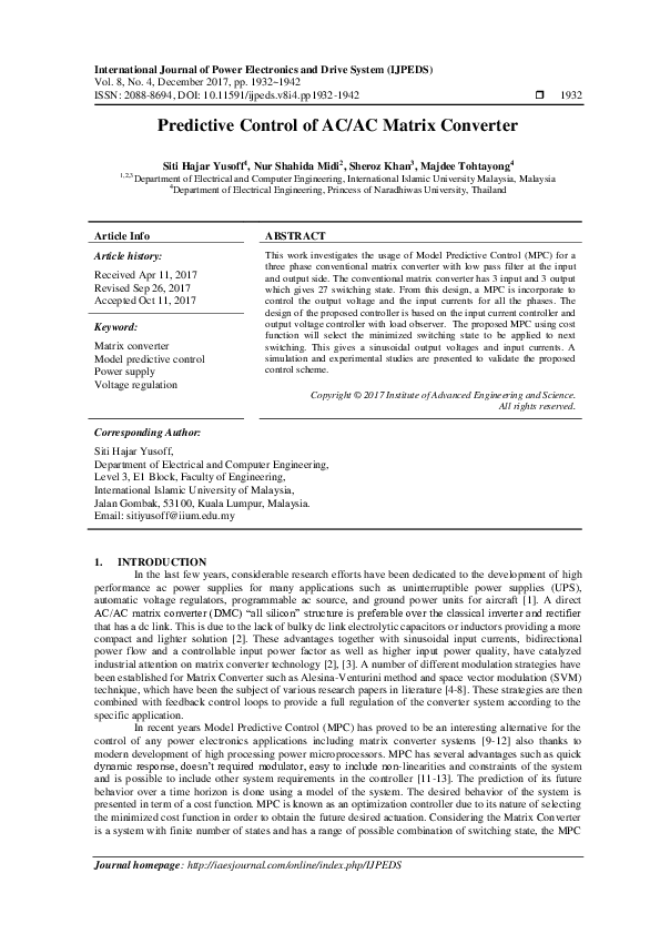 (PDF) Predictive Control of AC/AC Matrix Converter