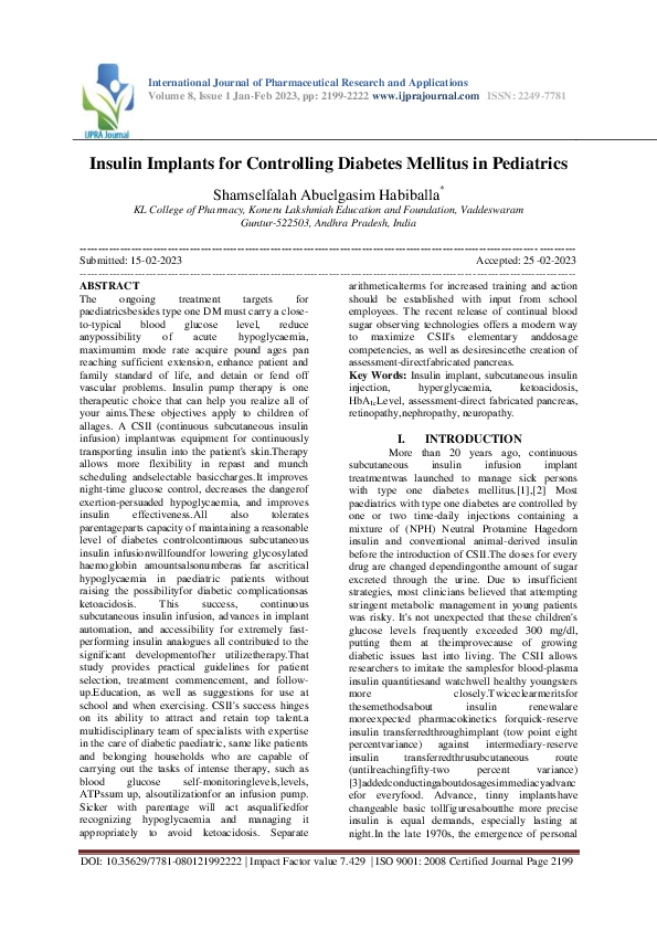 Insulin Implants for Controlling Diabetes Mellitus in Pediatrics