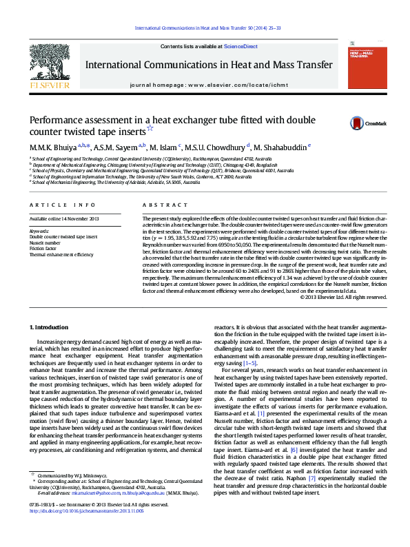 (PDF) Performance assessment in a heat exchanger tube fitted with ...