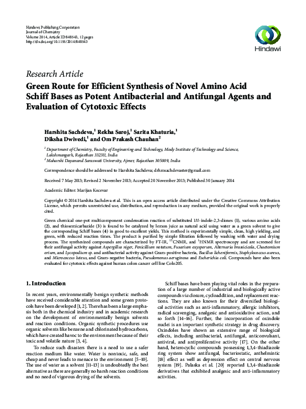 (PDF) Green Route for Efficient Synthesis of Novel Amino Acid Schiff ...