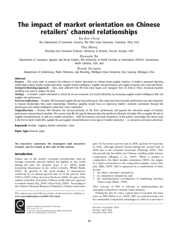 (PDF) The impact of market orientation on Chinese retailers' channel ...
