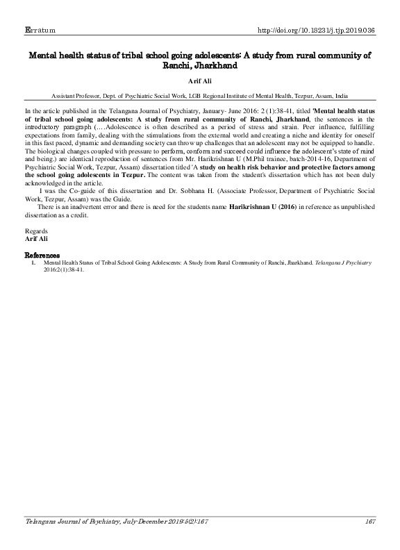 (PDF) Mental health status of tribal school going adolescents: A study ...
