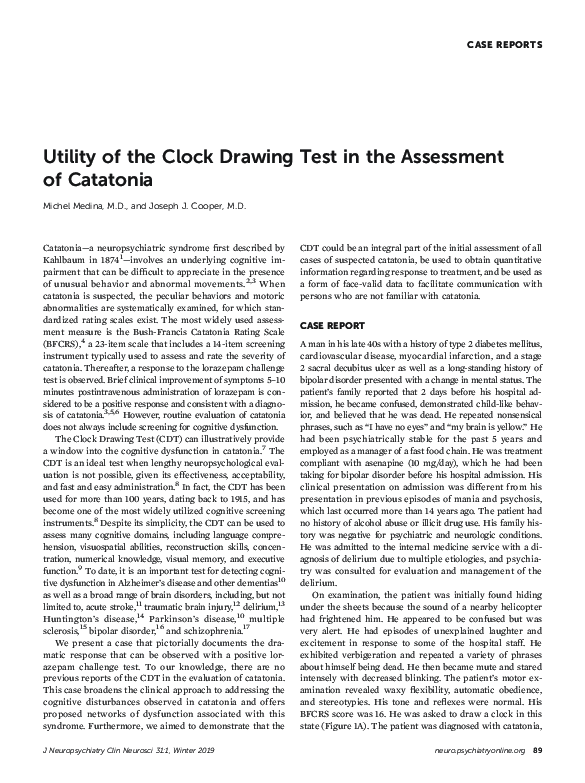 (PDF) Utility of the Clock Drawing Test in the Assessment of Catatonia