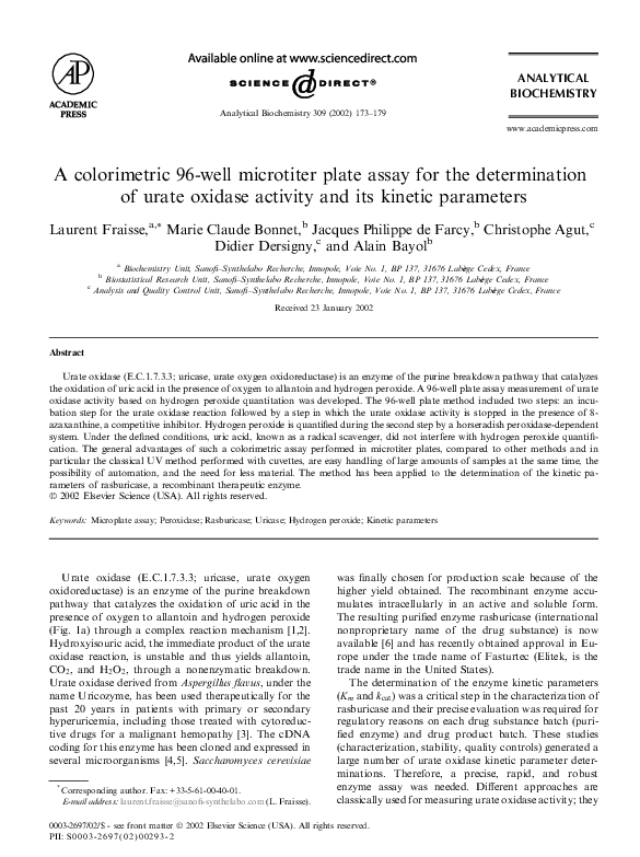 (PDF) A colorimetric 96well microtiter plate assay for the determination of urate oxidase