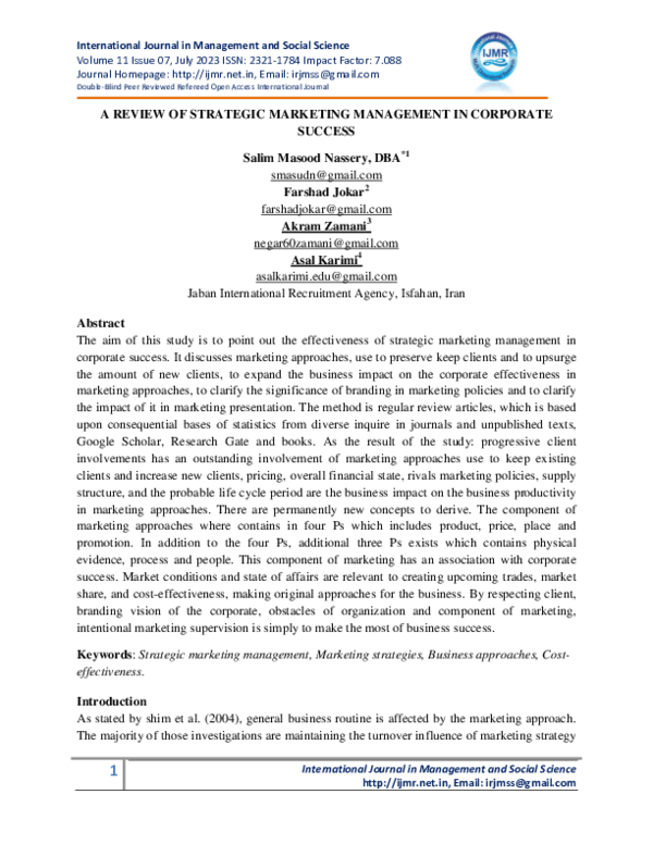 (PDF) A REVIEW OF STRATEGIC MARKETING MANAGEMENT IN CORPORATE SUCCESS