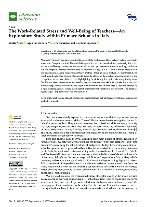 (PDF) The Work-Related Stress and Well-Being of Teachers—An Exploratory ...