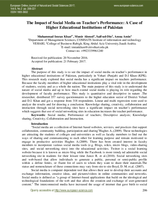 (PDF) The Impact of Social Media on Teacher's Performance: A Case of ...