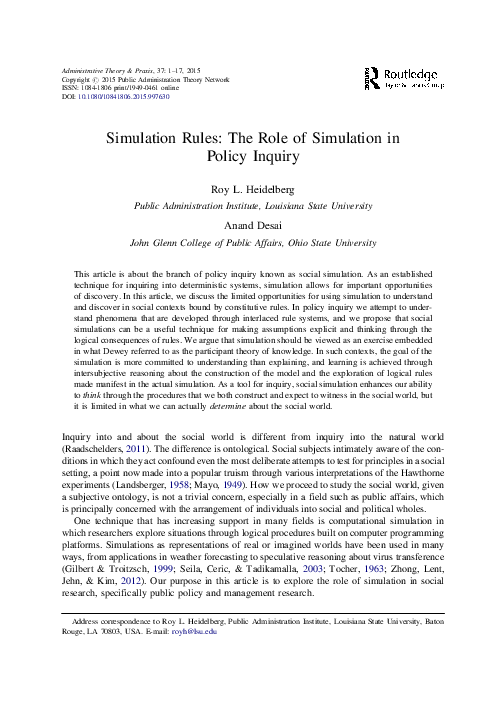 (PDF) Simulation Rules: The Role of Simulation in Policy Inquiry