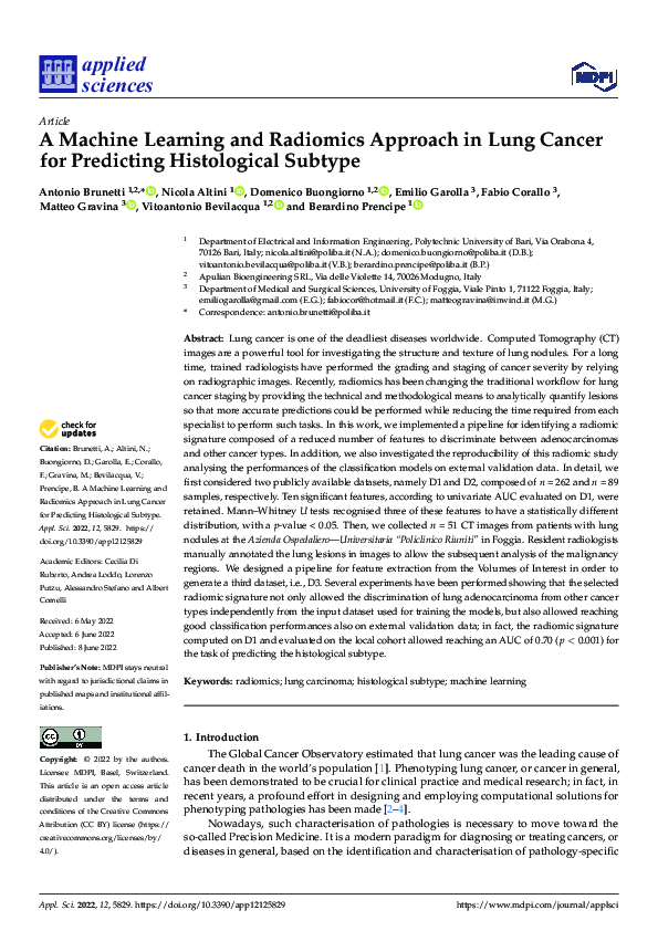 (PDF) A Machine Learning and Radiomics Approach in Lung Cancer for ...