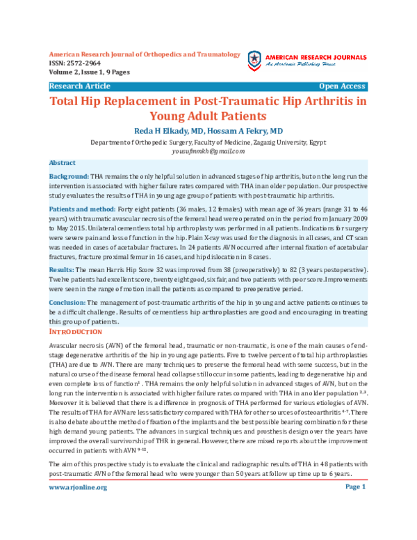 (PDF) Total Hip Replacement in Post-Traumatic Hip Arthritis in Young ...