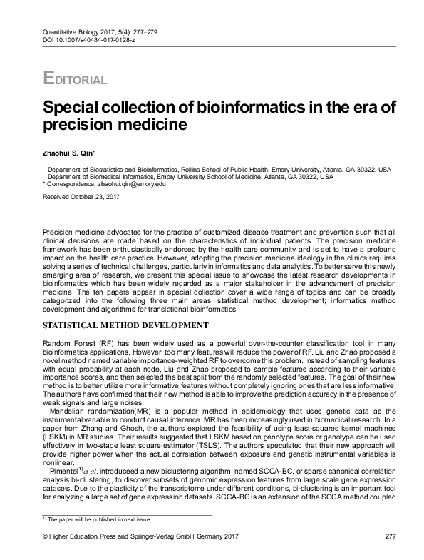 (PDF) Special collection of bioinformatics in the era of precision medicine