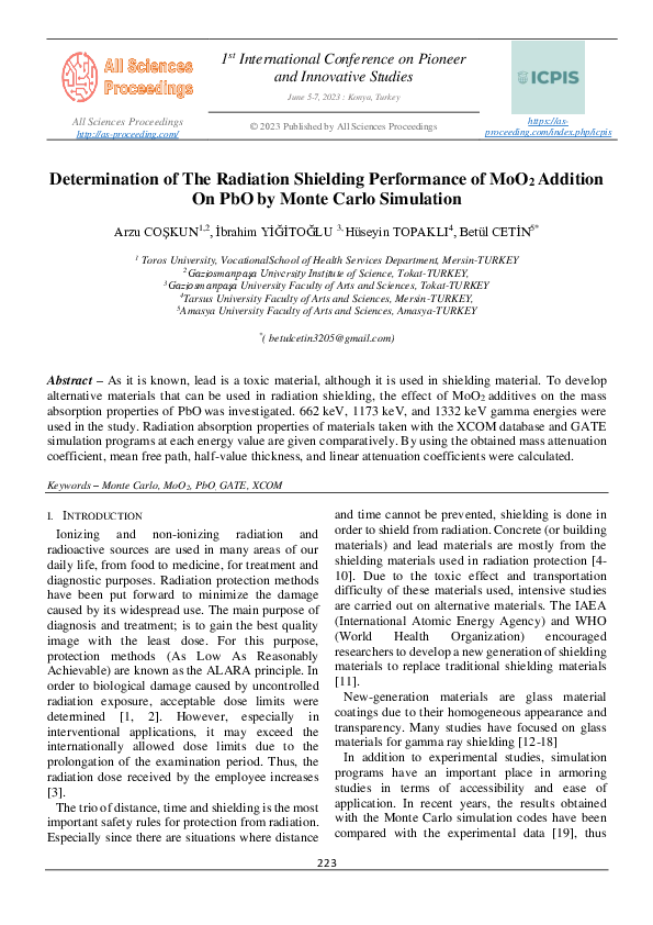 First page of “Determination of The Radiation Shielding Performance of MoO2 Addition On PbO by Monte Carlo Simulation”