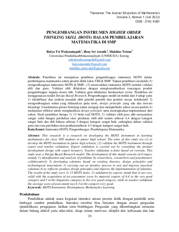 (PDF) Pengembangan Instrumen Higher Order Thinking Skill (Hots) Dalam ...