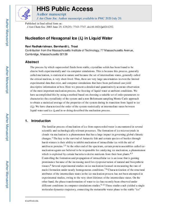 (PDF) Nucleation of Hexagonal Ice (Ih) in Liquid Water