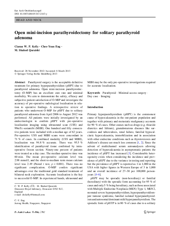 (PDF) Open mini-incision parathyroidectomy for solitary parathyroid adenoma