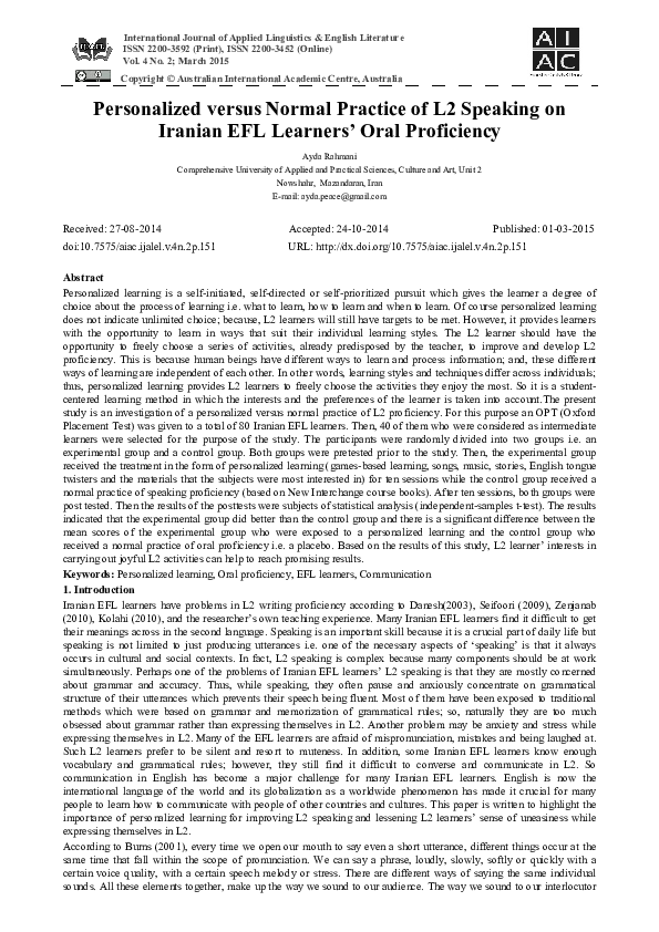 (PDF) Personalized versus Normal Practice of L2 Speaking on Iranian EFL ...
