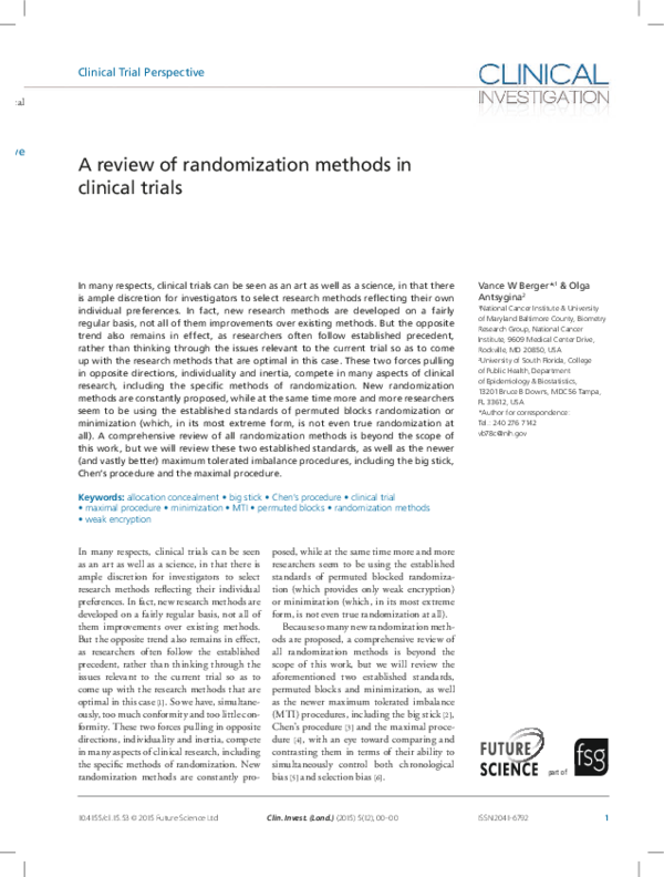 (PDF) Review of Randomization Methodsin Clinical Trials