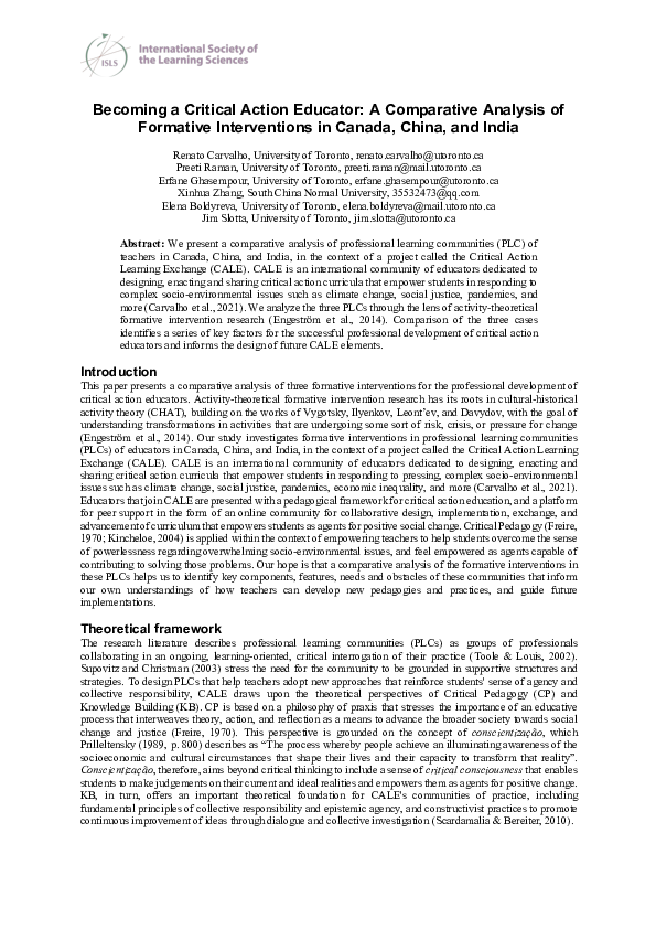 (PDF) Becoming a Critical Action Educator: A Comparative Analysis of ...
