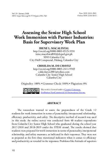 (PDF) Assessing the Senior High School Work Immersion with Partner ...