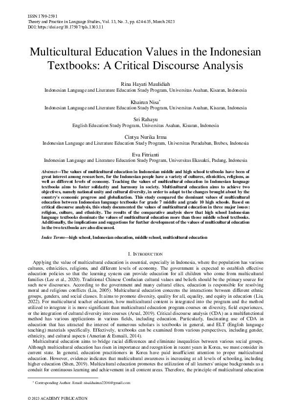 (PDF) Multicultural Education Values in the Indonesian Textbooks: A ...