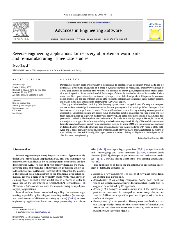 (PDF) Reverse engineering applications for recovery of broken or worn ...