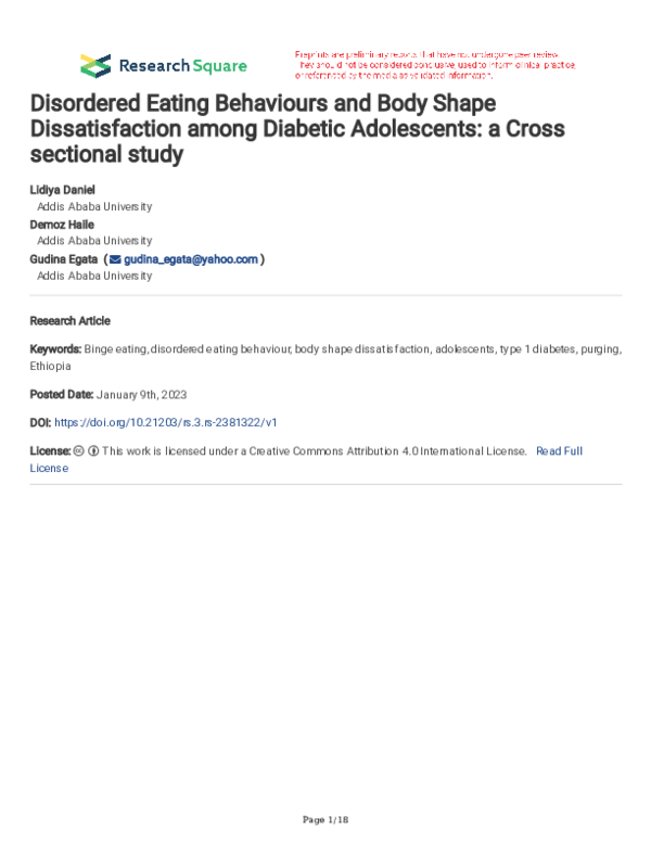 (PDF) Disordered Eating Behaviours and Body Shape Dissatisfaction among ...