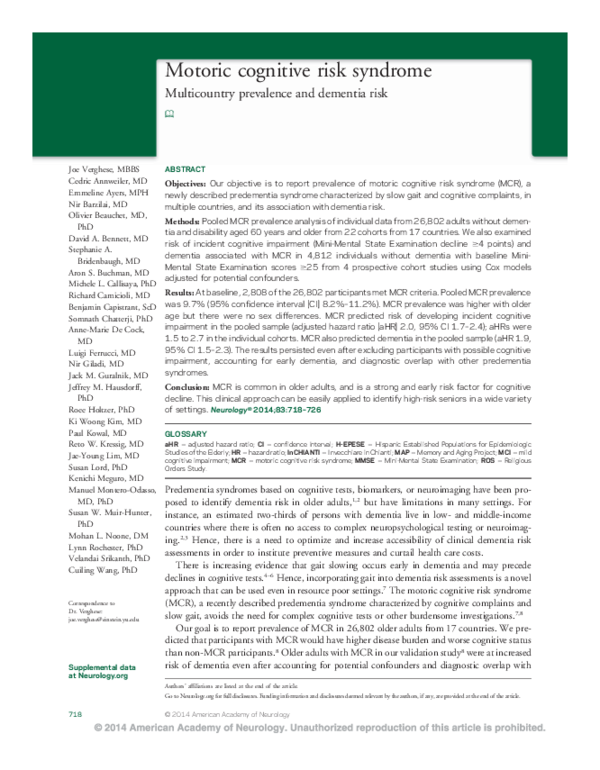 (PDF) Motoric cognitive risk syndrome: Multicountry prevalence and ...