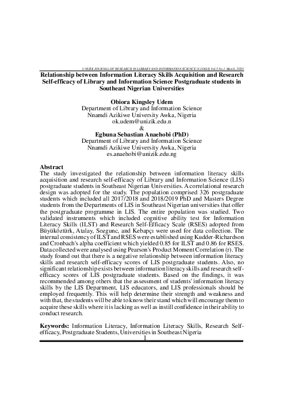 (PDF) Relationship Between Information Literacy Skills Acquisition and ...
