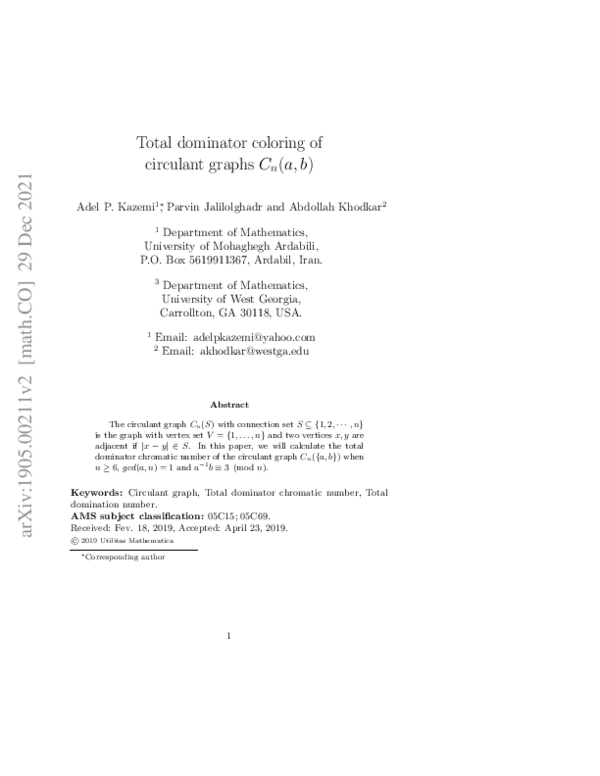 (PDF) Total dominator coloring of circulant graphs $C_n(a,b)$ | Adel P ...