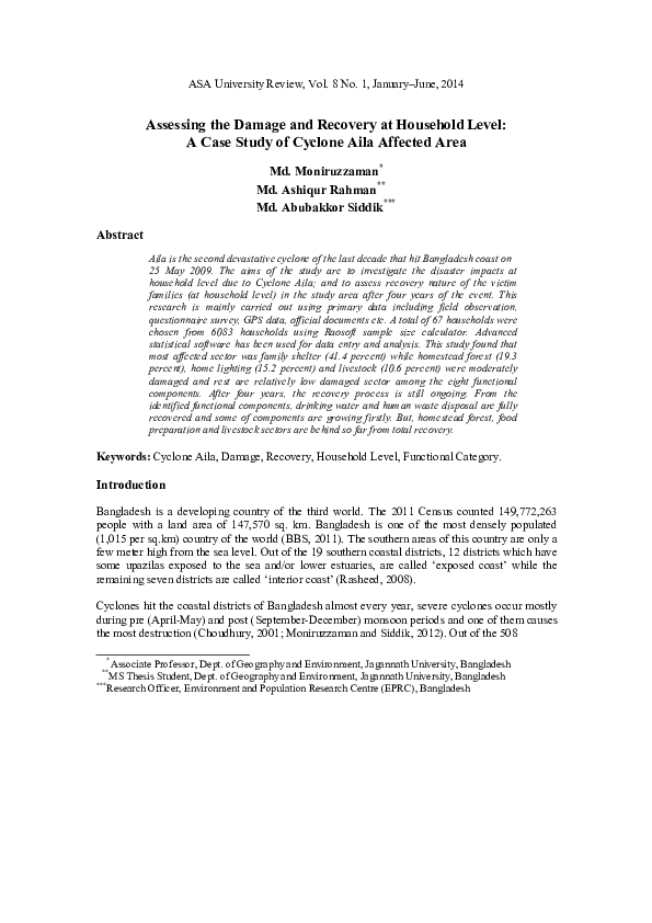 (PDF) Assessing the Damage and Recovery at Household Level: A Case ...